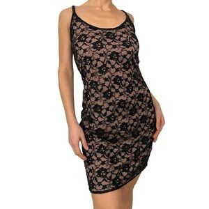 Black beaded lace mini dress